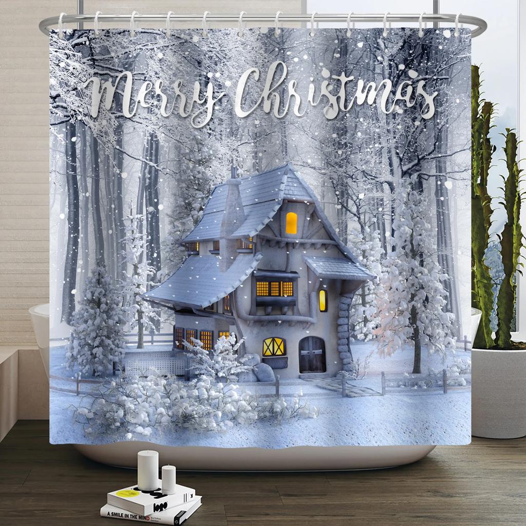 Christmas Shower Curtain Xmas Tree Winter Forest Snow Cute Snowman Bathroom Shower Curtain Waterproof Bath Curtain With Hook