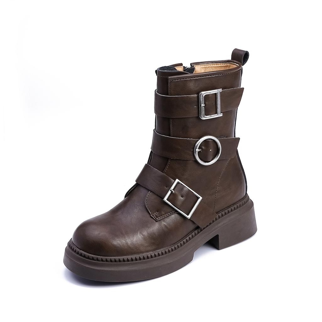 Korean version of knight boots women's belt buckle thick-soled heightening women's boots winter 2025 new retro western cowboy boots
