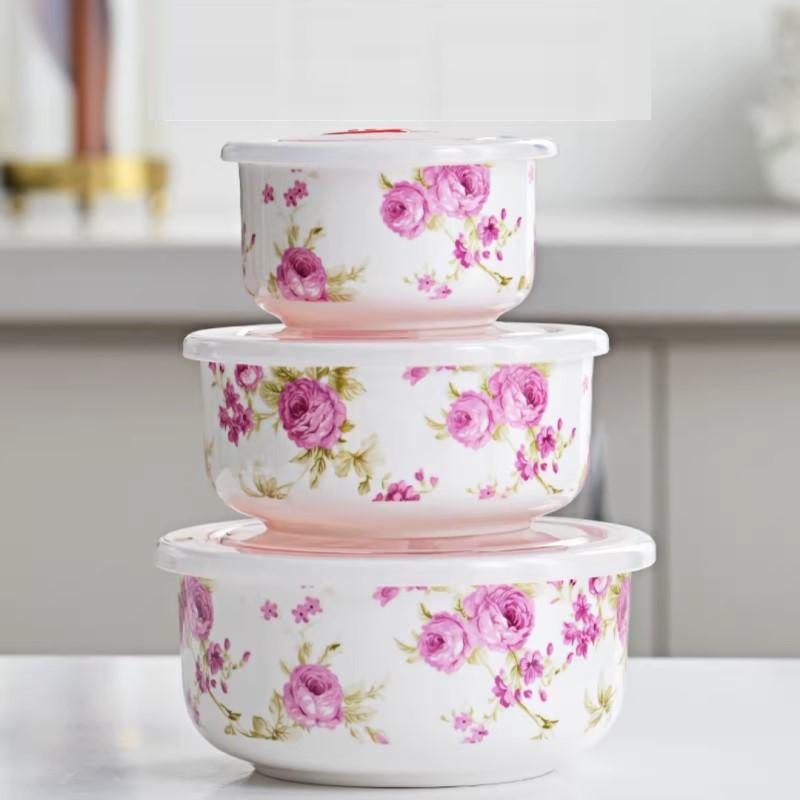 Three-piece Set, Bone China Food Container, Ceramic Salad Bowl, Lunch Box , Kitchen Ceramic Bowl Sets, Porcelain Mixing Bowl