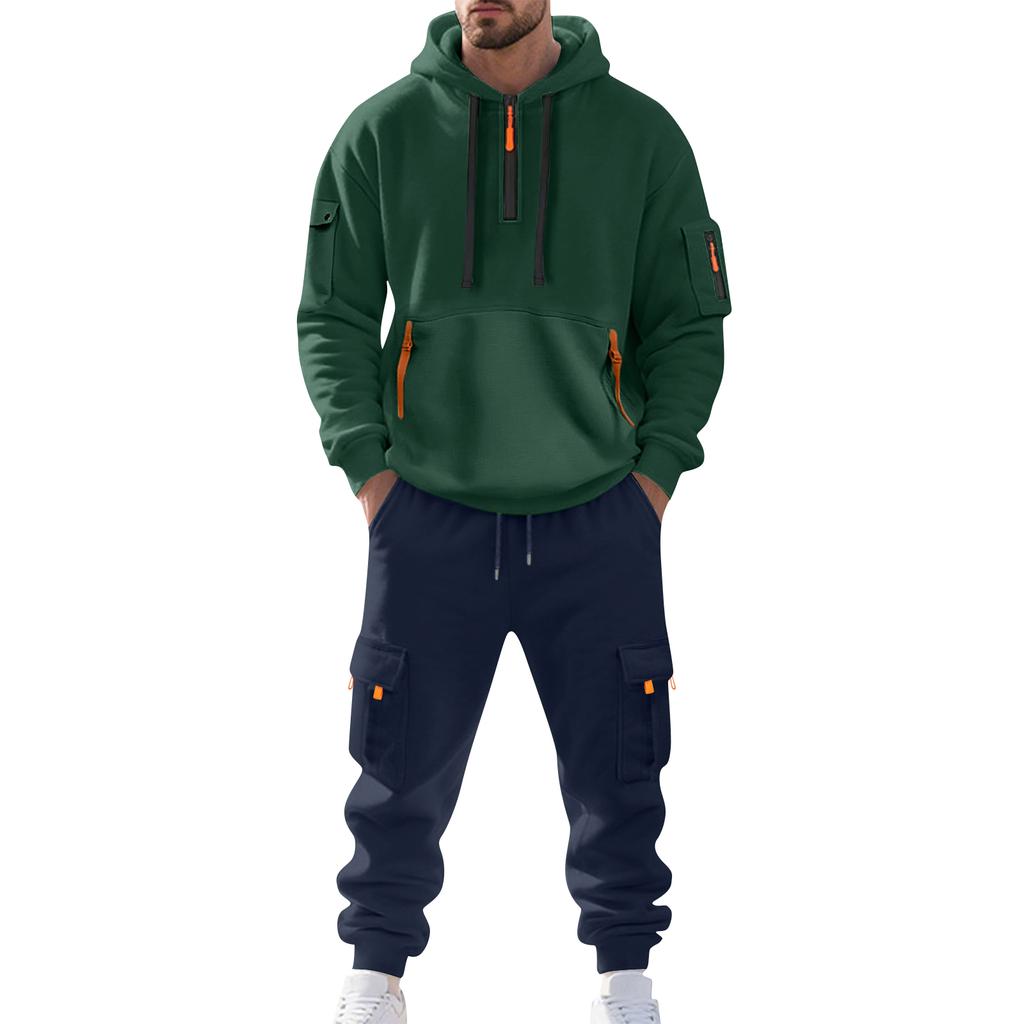 Men's Solid Color Casual Suit Loose Sports Hooded Sweatshirt With Pockets Multi Pocket Overalls Suit