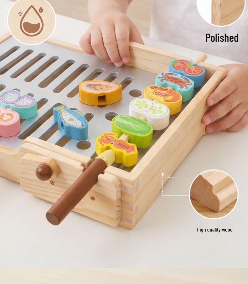 Children's Interactive Wooden BBQ Grill Role-Playing Toy with Building Blocks for Hand-Eye Coordination