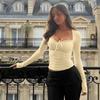 Dames Vierkante Hals Lange Mouwen Crop Top Slim Kantafwerking Strik Voorkant Gerimpeld Melk Huid Strak T-shirt