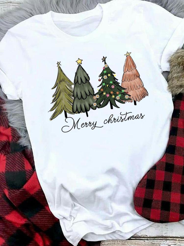 (Asian Size) Tree Lovely Letter Style Women Holiday Print Tee Top Festival Merry Christmas New Year Casual  Lady Short Sleeve Fashion Graphic T-shirts