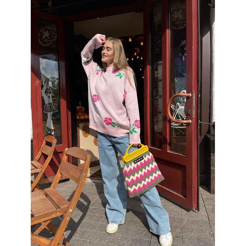 Cross-Border round Neck Rose Printed Sweater Sweater European and American Autumn and Winter New All-Matching Loose Pullover Sweater for Women