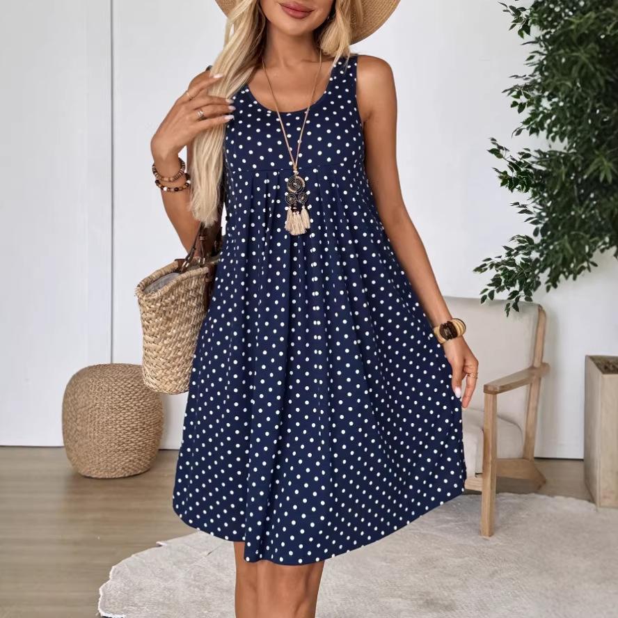 Women's Sleeveless Polka Dot Dress Round Neck Loose A-Line Casual Midi Tank Dress For Daily Beach Wear