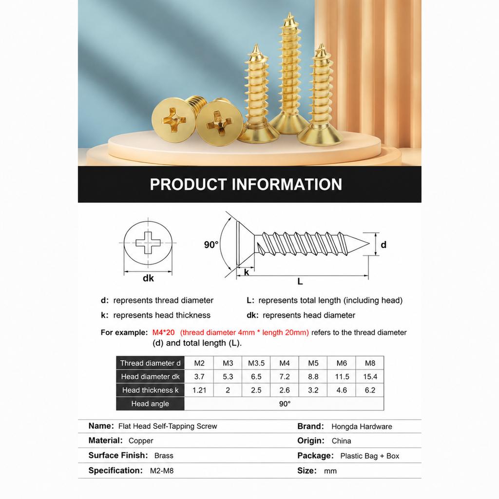 Brass Countersunk Cross Recess Self-Tapping Screw M3.5*30