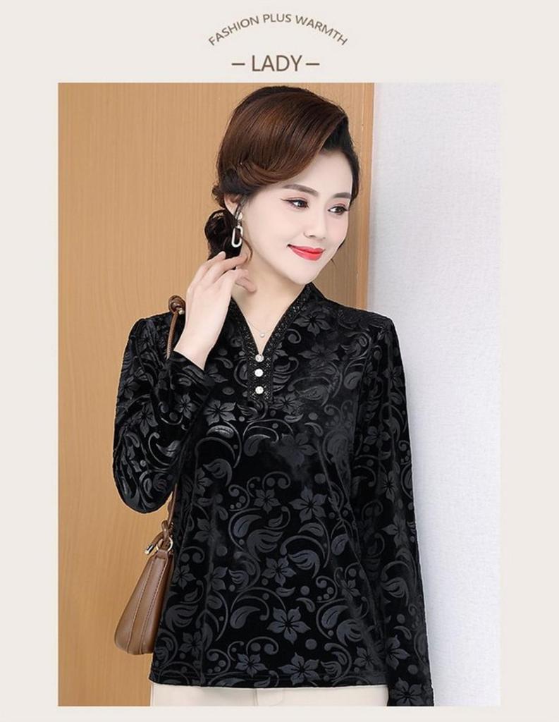 Elegant Black Velvet Print Long-Sleeve Loose T-Shirt for Middle-Aged & Elderly Women - Plus Size, Thin, Ideal for Spring & Autumn