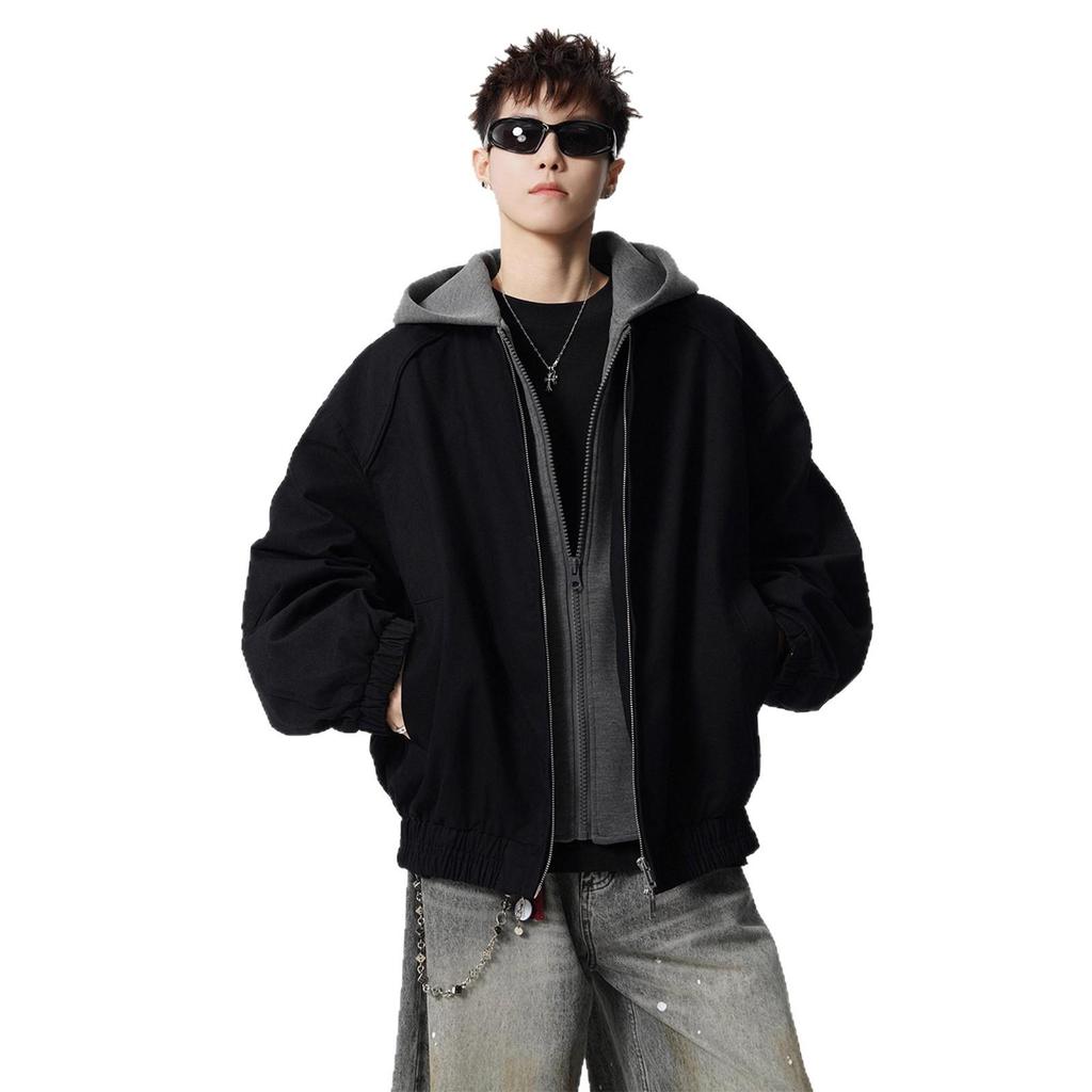 Men's Autumn/Winter Deconstructed Cotton Jacket, Faux Two-Piece, Street Hip-Hop Style, Outdoor Hooded Top