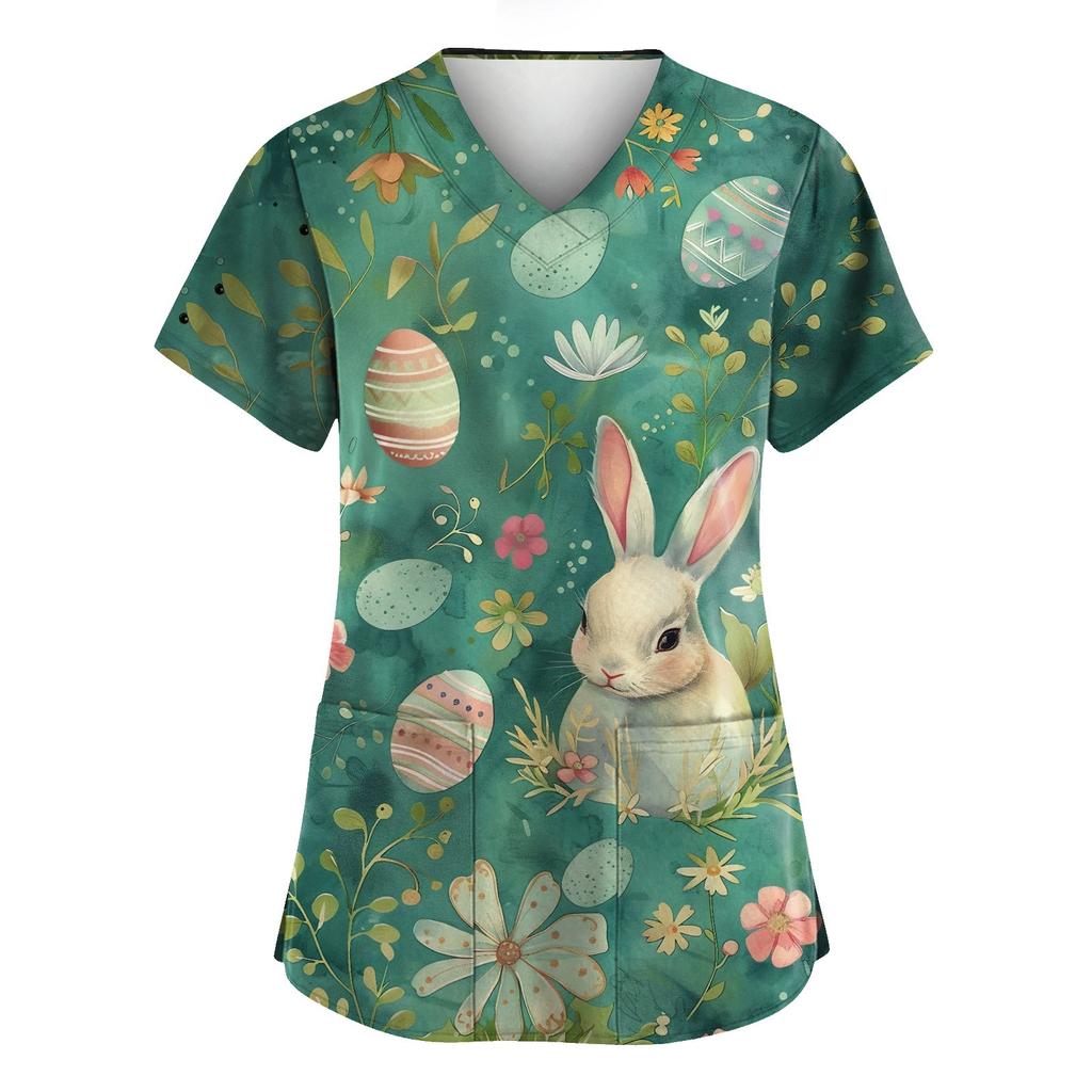 Women's Valentine's Day Printed Loose V-Neck Pocket Short Sleeve Uniform  Uniform
