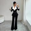 Women S Black White Contrast Lapel Double Breasted Slim Fit Blazer