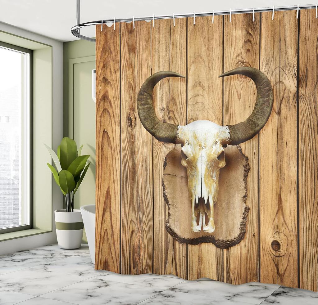 Western Bull Skull Shower Curtain with Hooks – Rustic Wood Plank, Buffalo Horns Art, Brown Ivory Cowboy Decor