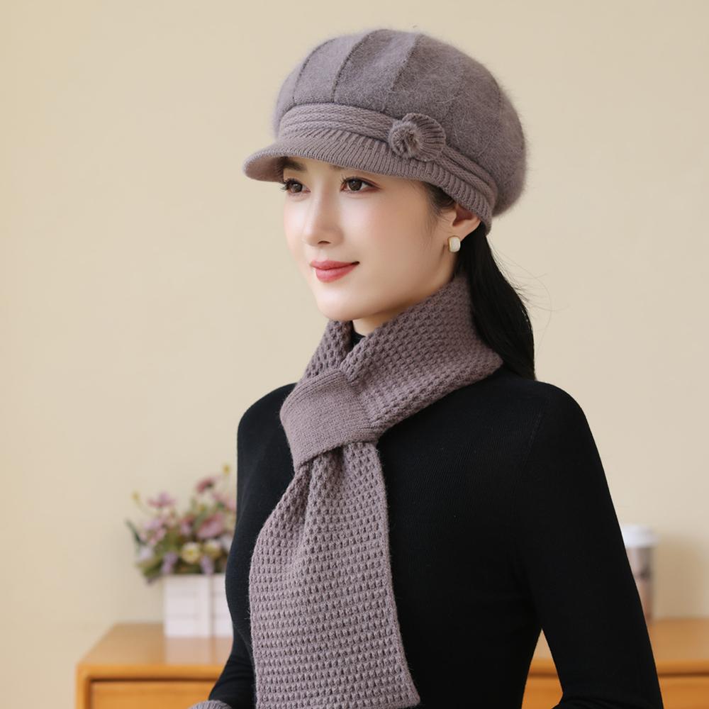 New Women Fashion Winter Warm Suit Female Dandy Hats For Women Casual Rabbit Fur Blend Knit Hat Winter Warm Cap Set