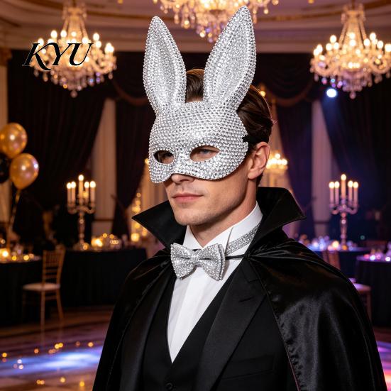 Nightclub Dance Mask Disco Mirror Rhinestone Rabbit Mask, Sparkly Glitter Bunny Face Ball for Halloween Party, Shiny Reflective Ear Festive