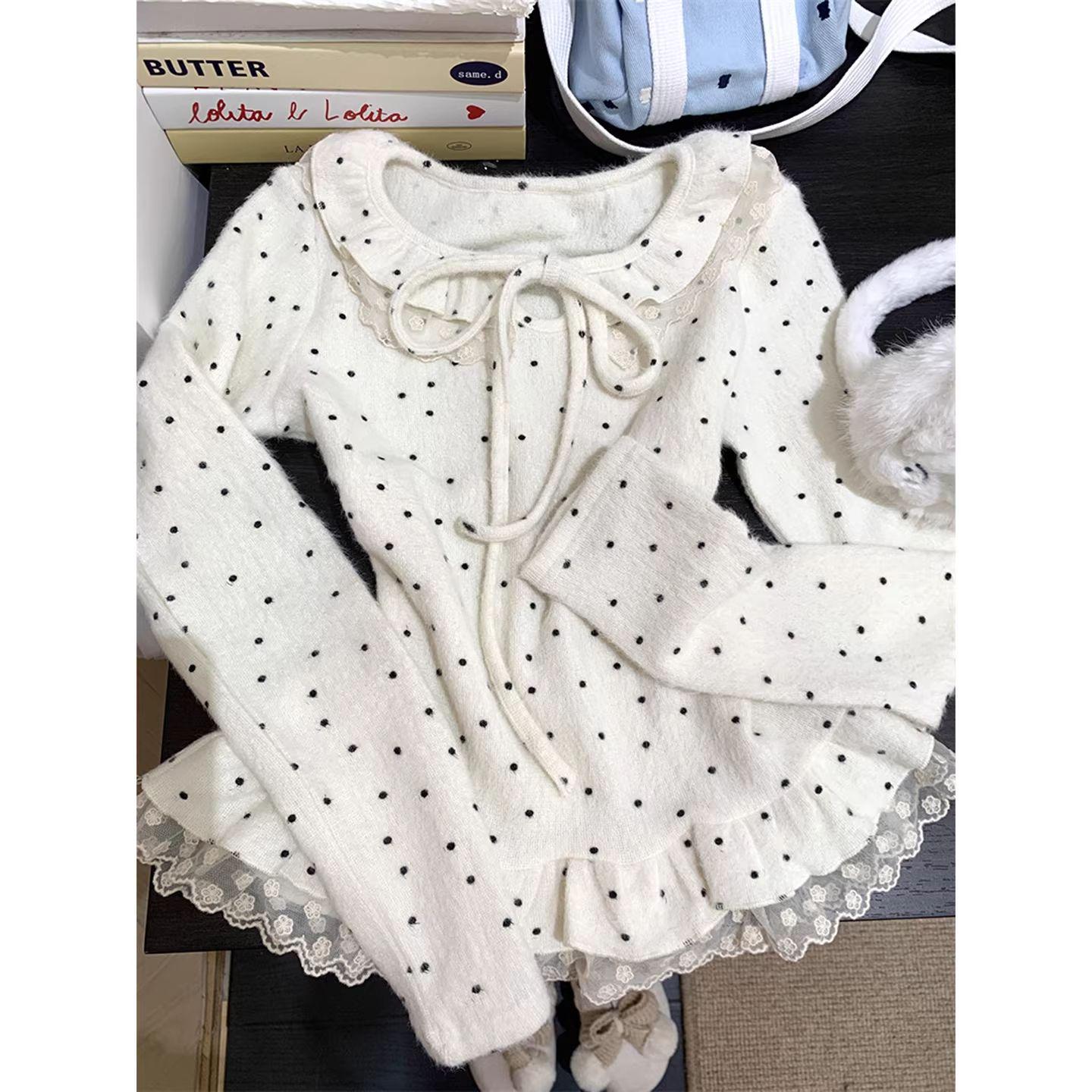 

Корейская сладкая и острая женская зимняя футболка с длинным рукавом и кружевной отделкой в горошек Extra Large