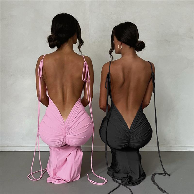 Strap Sexy Backless Maxi Dress Outfits Women Elegant Birthday Vestido Summer Club Party Ruched Dresses