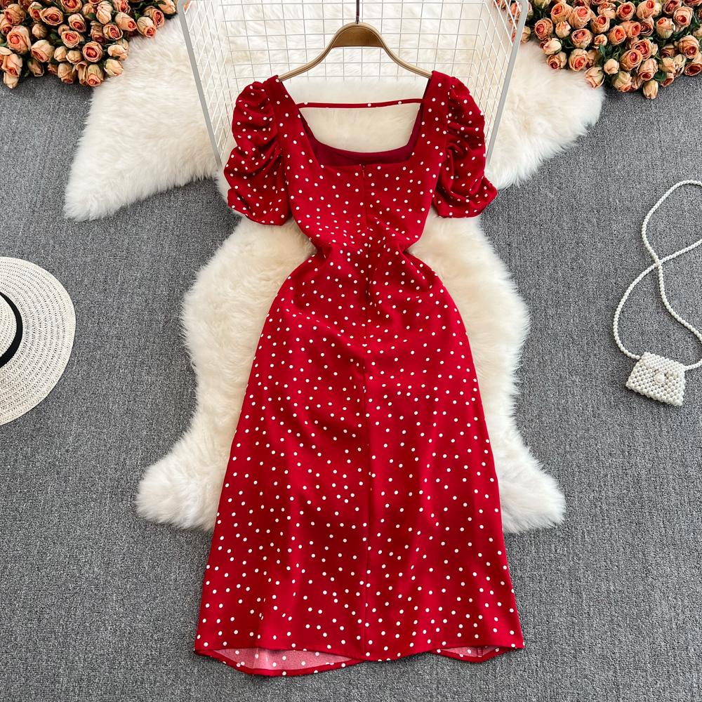 Dovolená u moře Elegantní plážové šaty Ženy bez zad Sladká víla Sexy čtvercový límec Úzké šaty Vintage Bublinkový rukáv Dlouhý rozdělený puntíkovaný oděv