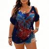 Womens Short Sleeve Cold Shoulder Top with Independence Day Print Casual Loose Fit V Neck Pullover Blouse for Daily Wear