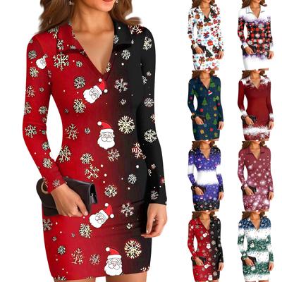 Women's V-neck Casual Print Long-sleeved Fitted Dress
