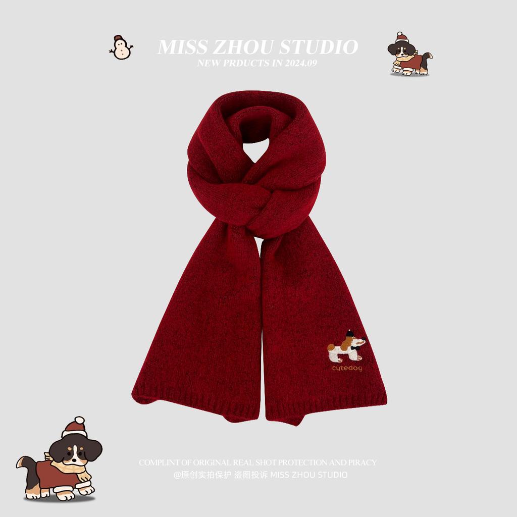 Japanese cute puppy embroidered knitted scarf autumn and winter warm and cold-proof fashion versatile high-end scarf student