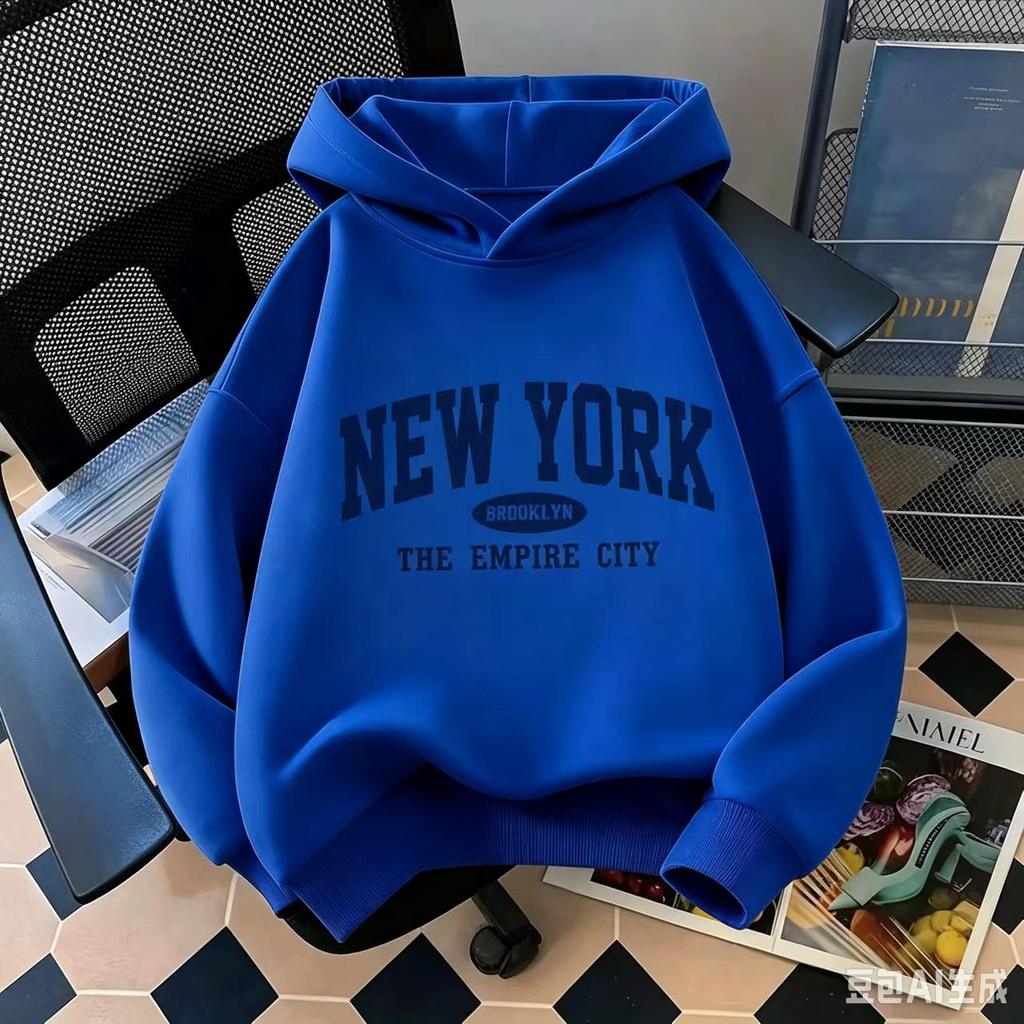 Fit, New York Letter Print Casual Style for Boys and Girls Children's Fashionable Hoodie Loose Geometric Pattern Warm Sweatshirt