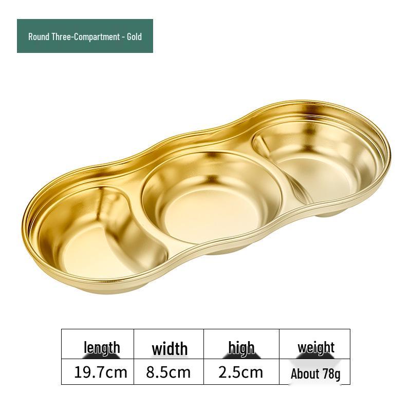 Golden Korean-Style Two/Three-Compartment Sauce Dishes – 304 Stainless Steel for Kimchi, Barbecue, and Hot Pot Seasoning.