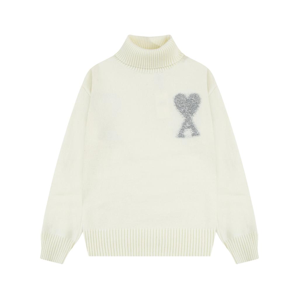 AMI Autumn and Winter New Gold and Silver Large Heart Alpaca Wool Blended Soft and Sticky Knitted Couple's High Neck Sweater