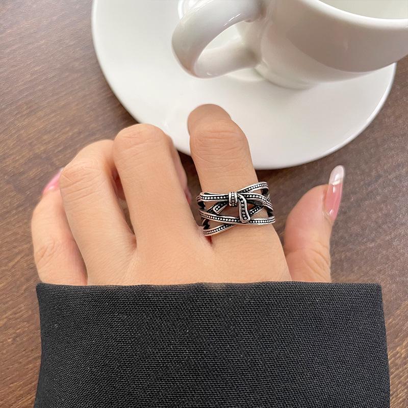 Lan Zhi 925 Sterling Silver Bowknot Distressed Open Ring for Women - Exaggerated Hip Hop Style, Non-fading Jewelry.