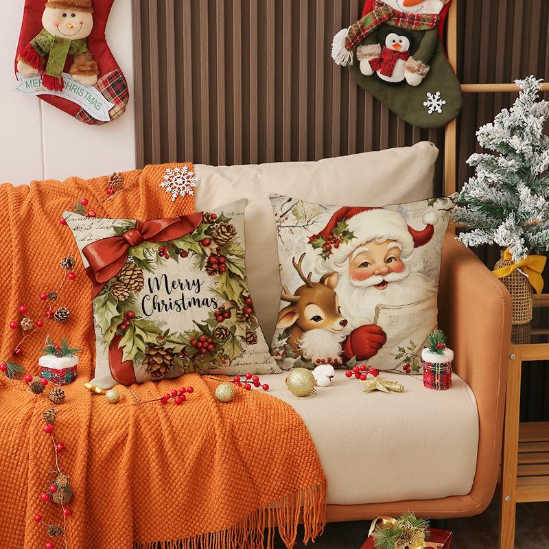 Retro Style Christmas Pillow Cover Holiday Party Decoration Sofa Cushion Bedroom Bedside Cushion Cover
