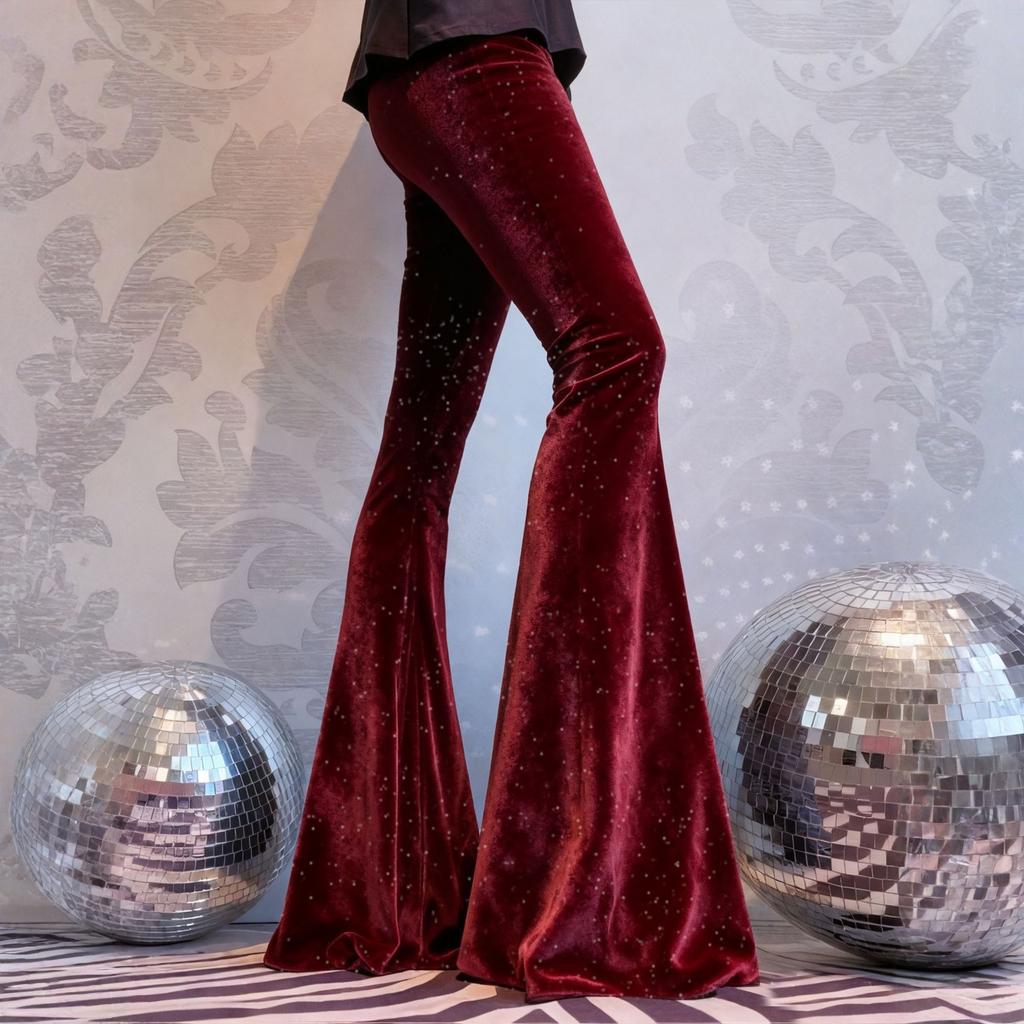 Women's Fashionable Color Vintage Velvet Flare Pants High Waist Stretchy Pant Casual Bell Bottom