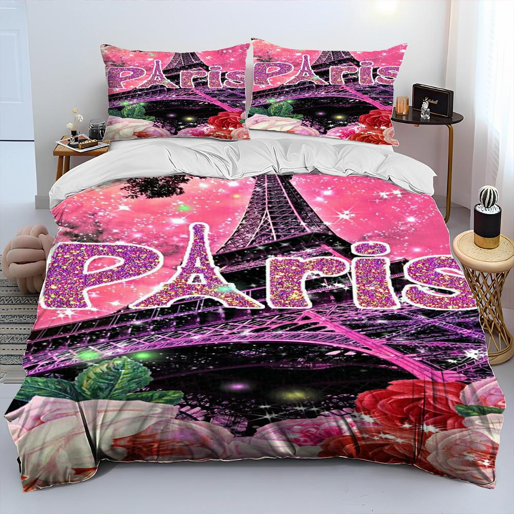 France Paris Eiffel Tower Comforter Bedding Set,Duvet Cover Bed Set Quilt Cover Pillowcase,King Queen Size Bedding Set Kid Adult