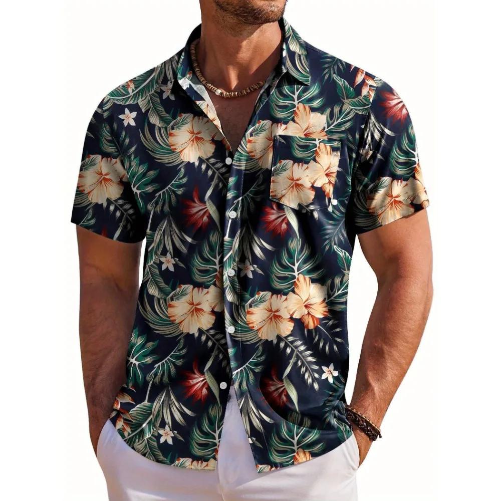 Camisa Masculina de Manga Curta Estampa Floral Botânica Havaiana Gola Lapela Camisa de Botão à Beira-Mar Top Moda Casual Camisas