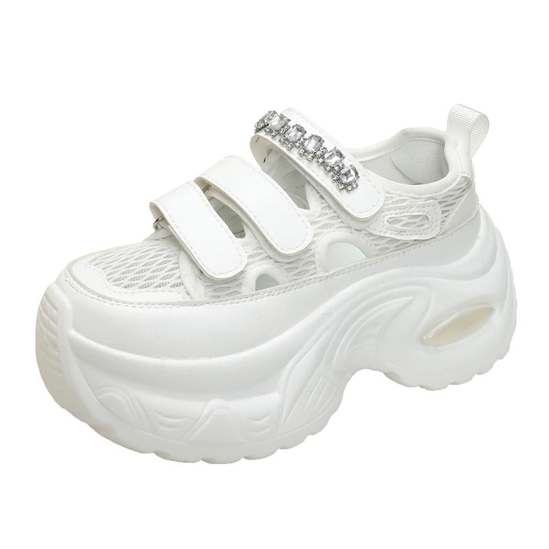 Fashion 6.5CM Breathable Hollow Leather Women Sandals Vulcanized Mesh Chunky Platform Crystal Shoes High Heels Casual Summer Sneakers