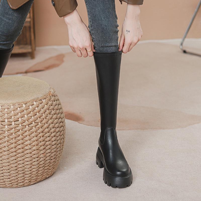 Women's Chunky Heel Long Boots with Hidden Height Increase and Round Toe - Brown, 2024 Style
