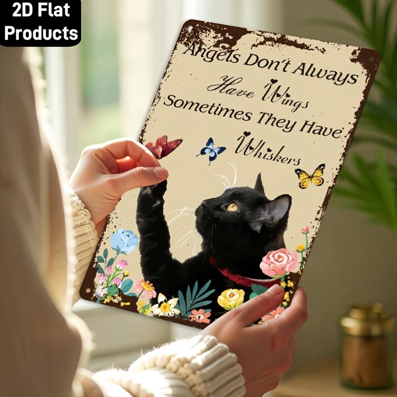 D Flat Metal Iron Cat Sign with Butterfly Vintage Fun Wall Art Hanging Iron Painting Suitable for Home Garden Living Room