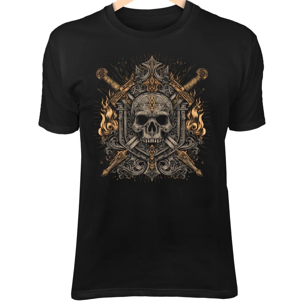 Gothic Skull Shield T-Shirt – Swords & Flames Emblem, Bold Badge Design
