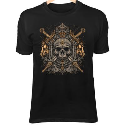Gothic Skull Shield T-Shirt – Swords & Flames Emblem, Bold Badge Design