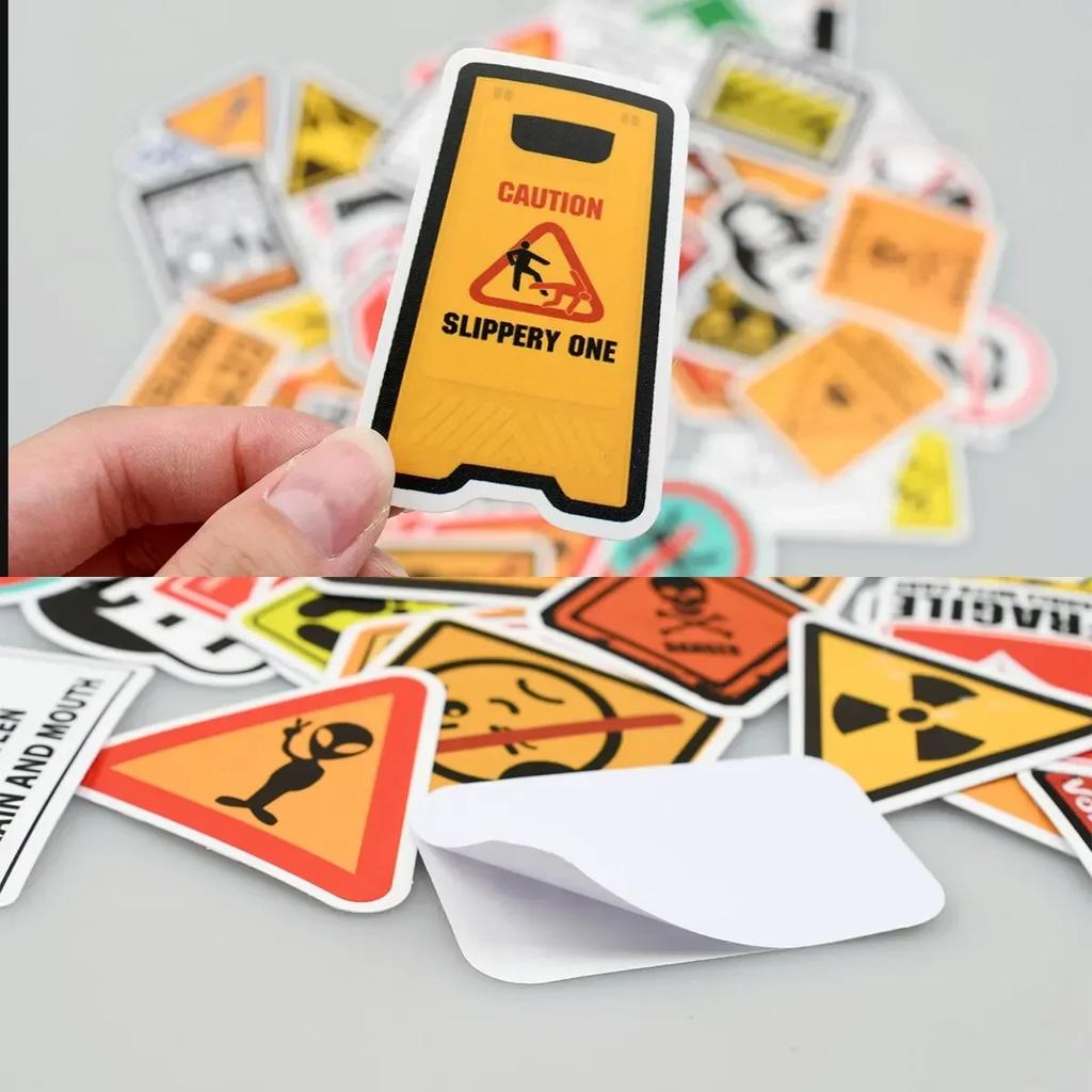 50PCS Cartoon Warning Stickers – Danger/Ban Decals for Skateboards, Guitars, Laptops, Motorcycles, Cars & Toys