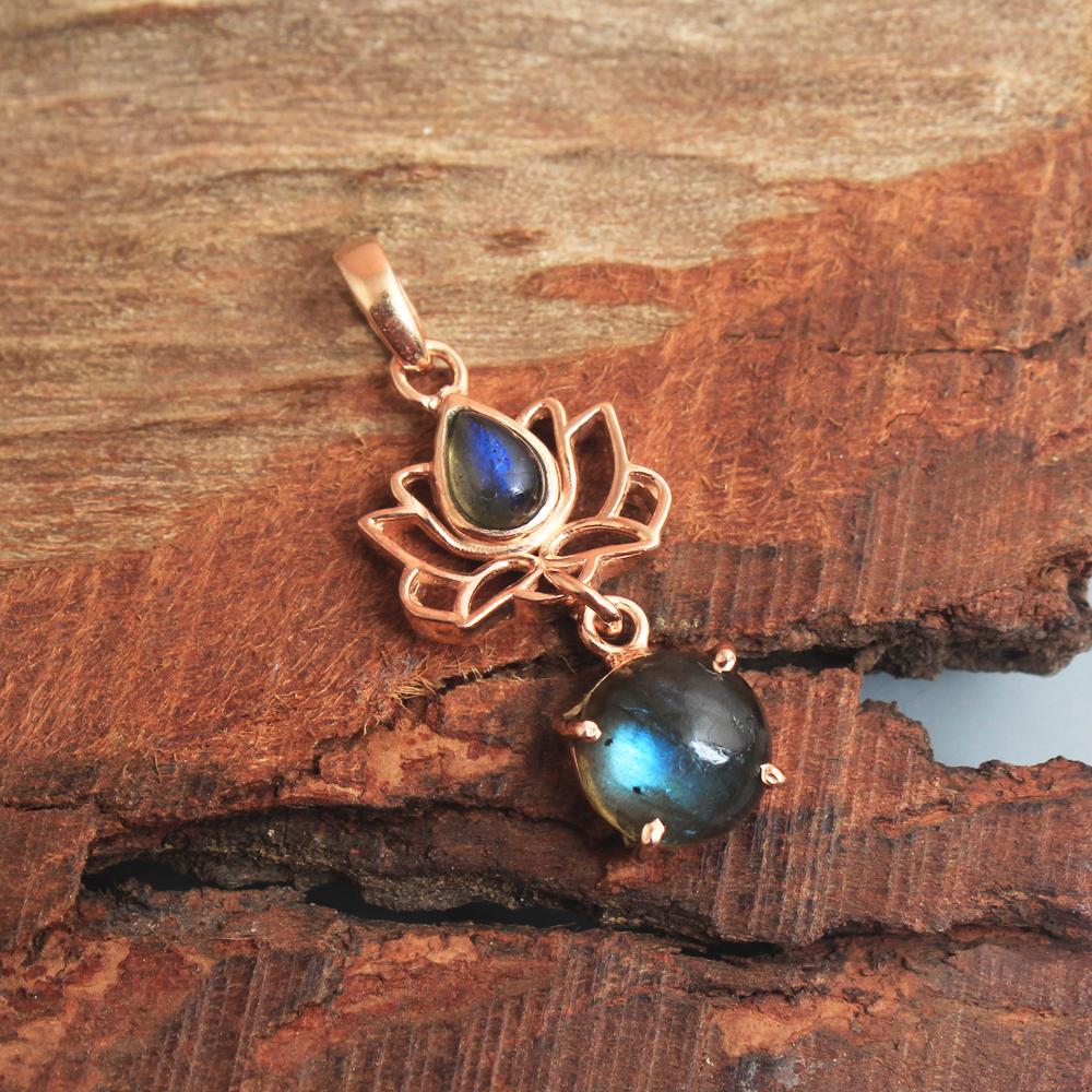 Labradorit-Edelstein, rosévergoldet, 100 % 925er Sterlingsilber, handgefertigter Damen-Lotus-Anhänger