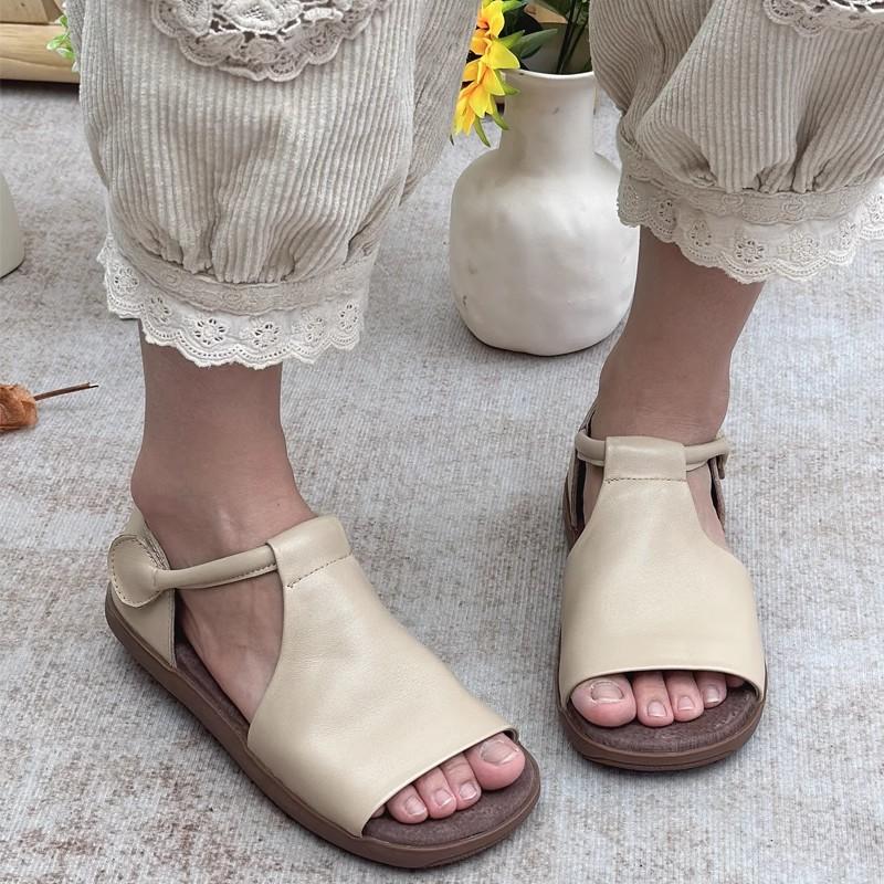 GKTINOO Genuine Leather Peep Toe Flat Sandals 2025 Summer New Retro Handmade Cowhide Soft Sole Solid Color Women's Shoes
