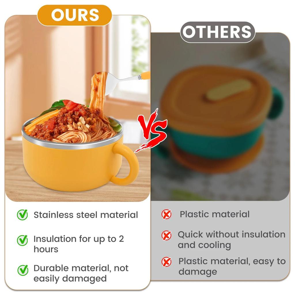 1200ml Stainless Steel Ramen Bowl with Lid, Heat-Resistant Instant Noodle Cooker, Double-Wall Tableware for Kitchen and Dining
