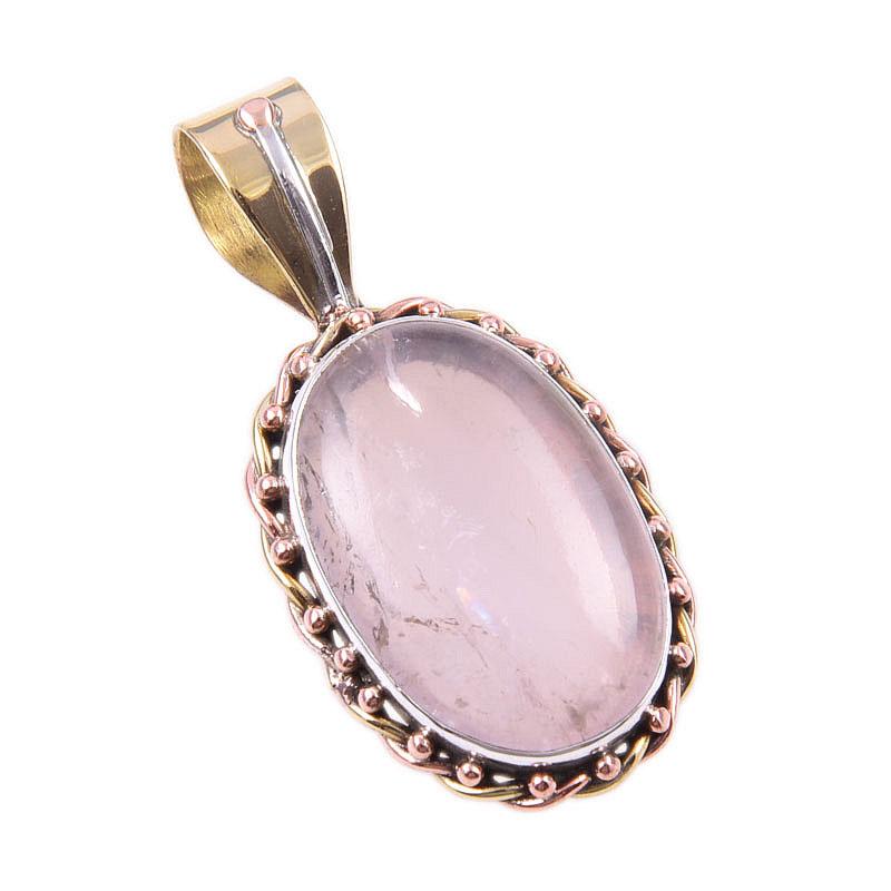 Natural Rose Quartz 925 Solid Sterling Silver Jewelry TwoTone Pendant 1.50" D9p11