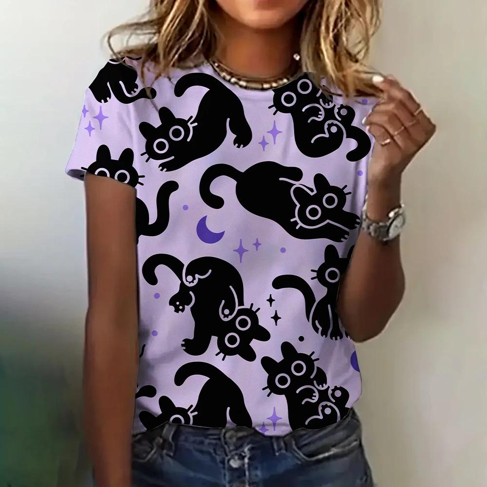 Summer Round Neck 3D Cat Print Top Fashionable Casual Short Sleeved Women's T-shirts