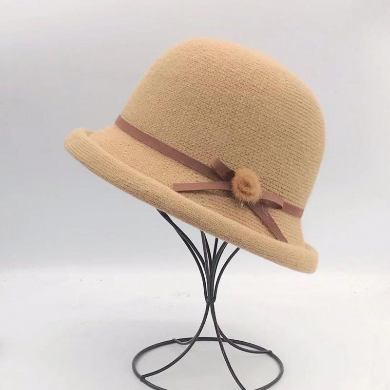 Woolen Bucket Hat Women's Autumn and Winter Bow Korean Version Versatile Japanese Dome Basin Hat British Retro Top Hat Tide