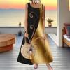 Women Plus Size Sleeveless Round Neck Maxi Dress Black Gold Swirl Ornate Print Loose Vacation Long Dress