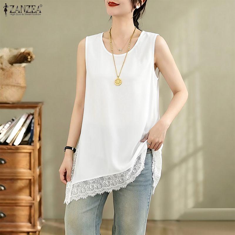 ZANZEA Women Casual Round Neck Sleeveless Lace Splice Summer Tank Tops
