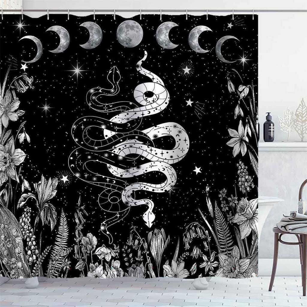 Tenda da Doccia Luna Nera e Bianca Fase Lunare Galassia Stella Floreale Pianta Boho Celeste Misterioso Gotico Strega Ganci