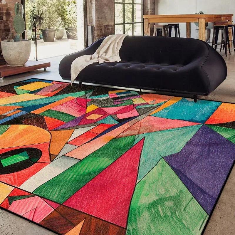 Modern Geometric Abstract Rug Non-Slip Carpet for Living Room Sofa Side Bedroom Washable Easy-Clean Home Decor Floor Mat