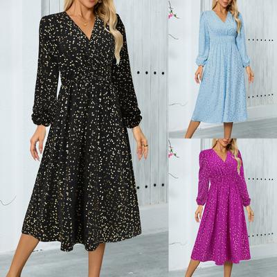 Women's Fashion Sexy Long Sleeve V-Neck Banquet Dresses Dresses Midi Slim Waist Shiny Shiny Dresses