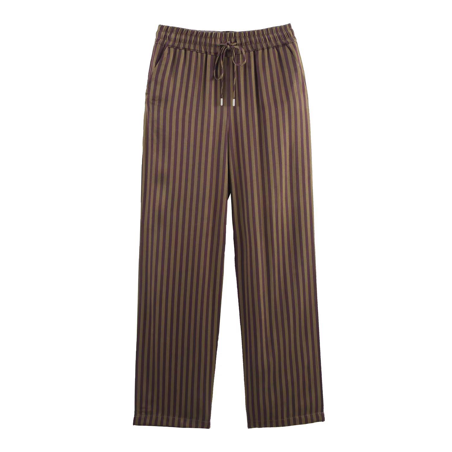 

Весна 2025 Женский комплект в полоску из шелкового сатина: рубашка и брюки прямого кроя Large темно-коричневого