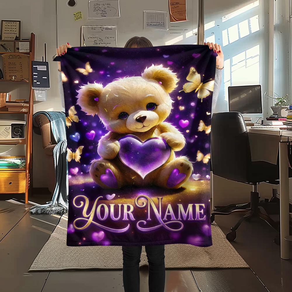 1PC Custom Name Forest Bear Heart Patterned Flannel Blanket Suitable For All Seasons for Home Decor Warmth and Comfort Gifts Holiday Present_lx